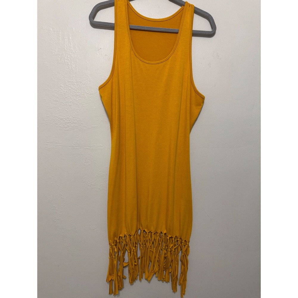 Pinziko Mustard Yellow Racerback Fringe Hem Tank Dress Womens Large Boho Solid